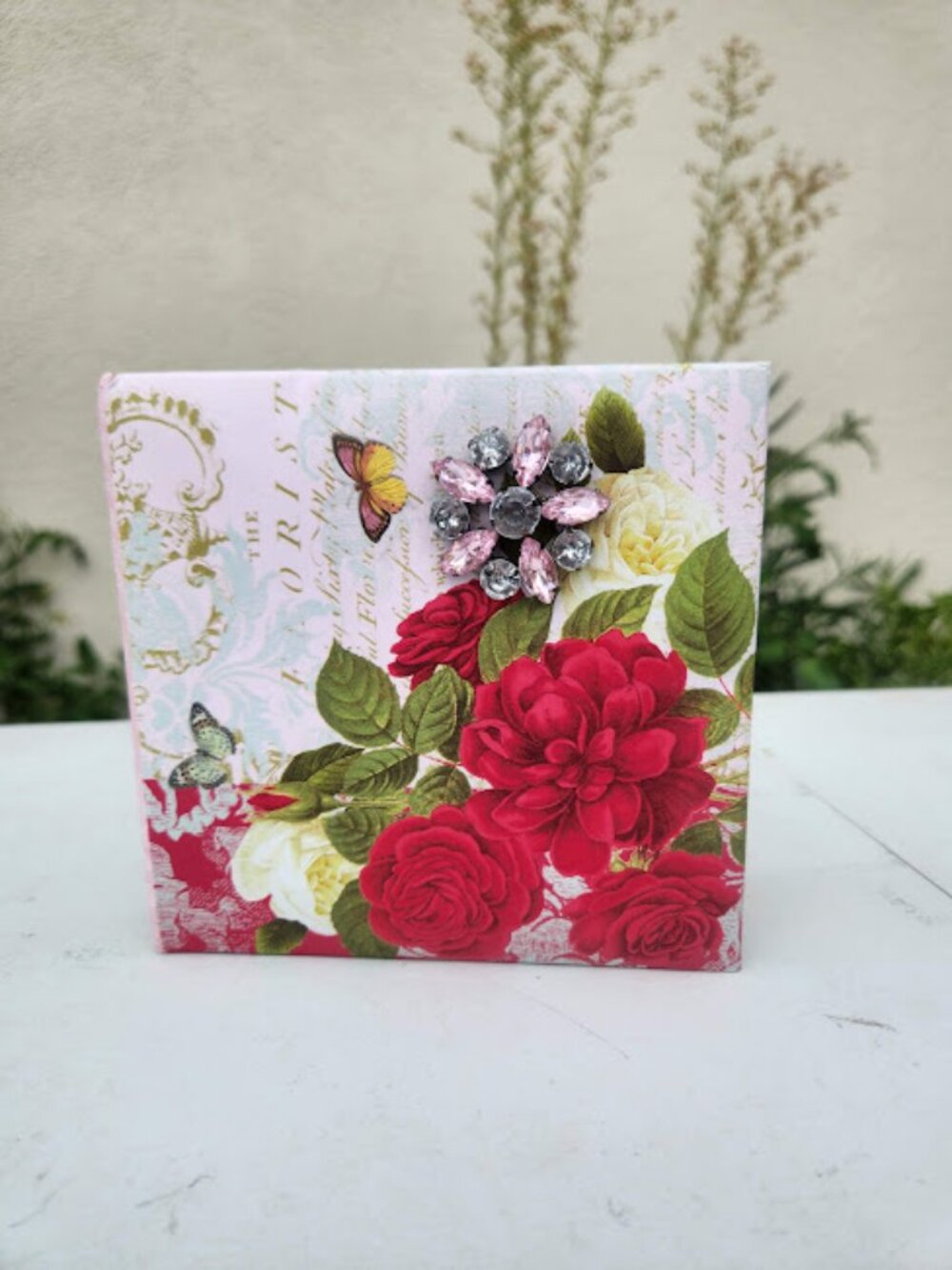 Floral Keepsake Journal Notebook Square with Jeweled Broach and White blank page